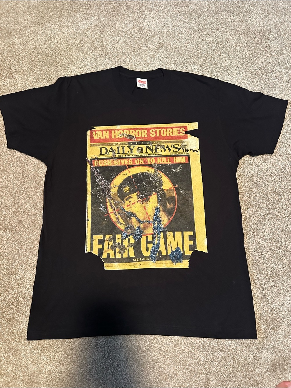 Supreme Black Tee with Yellow & Red 'Fear Game' Newsprint